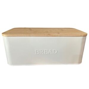 White Enamel Metal Bread Box with Bamboo Lid Cutting Board Farmhouse Kitchen